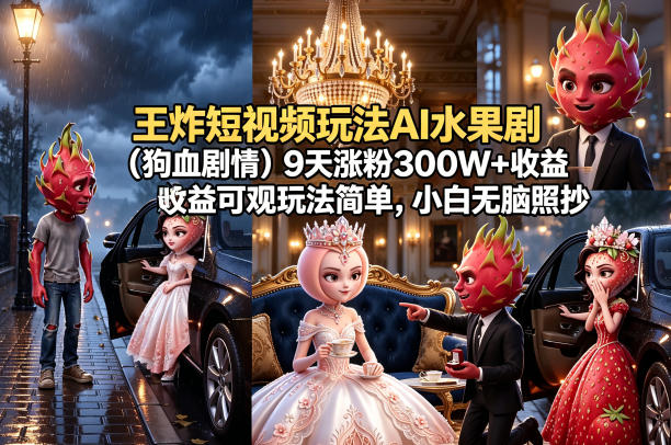 王炸短视频玩法AI水果剧（狗血剧情）9天涨粉300W+收益可观玩法简单，小白无脑照抄，详细拆解玩法-选优云网创
