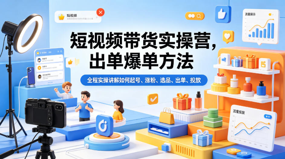 短视频带货实操营，出单爆单方法，全程实操讲解如何起号、涨粉、选品、出单、投放-选优云网创