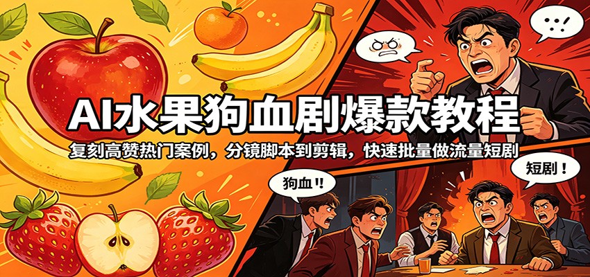 AI水果狗血剧爆款教程：复刻高赞热门案例，分镜脚本到剪辑，快速批量做流量短剧-选优云网创
