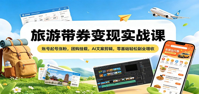 旅游带券变现实战课：账号起号涨粉，团购挂载，AI文案剪辑，零基础轻松副业增收-选优云网创