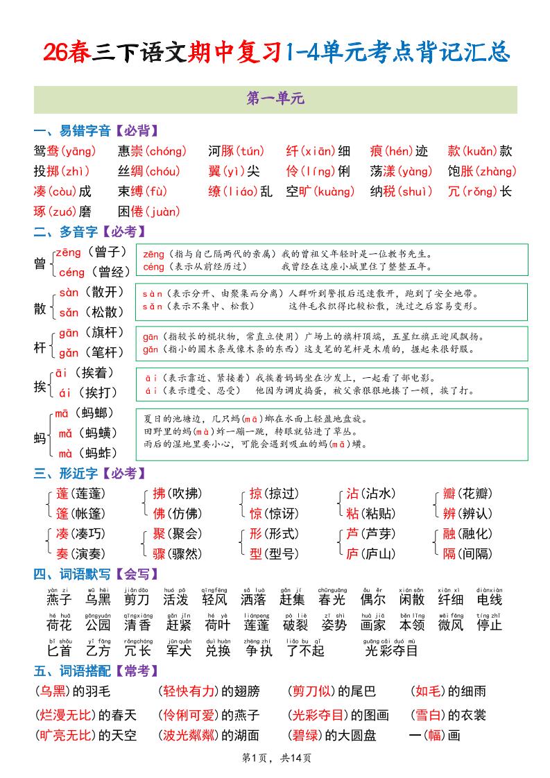 三年级下语文期中复习1-4单元考点背记汇总-选优云网创