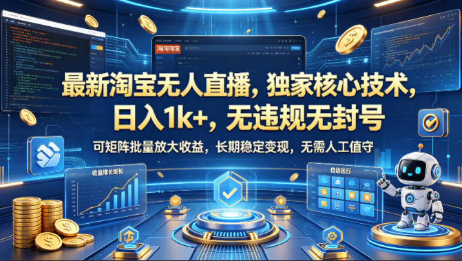 最新淘宝无人直播，独家核心技术，日入1k+，无违规无封号，可矩阵批量放大，长期稳定，无需人工值守【揭秘】-选优云网创
