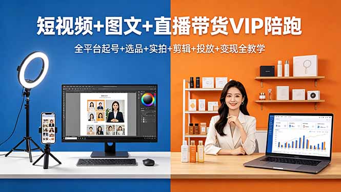 短视频+图文+直播带货VIP陪跑，全平台起号+选品+实拍+剪辑+投放+变现全教学-选优云网创